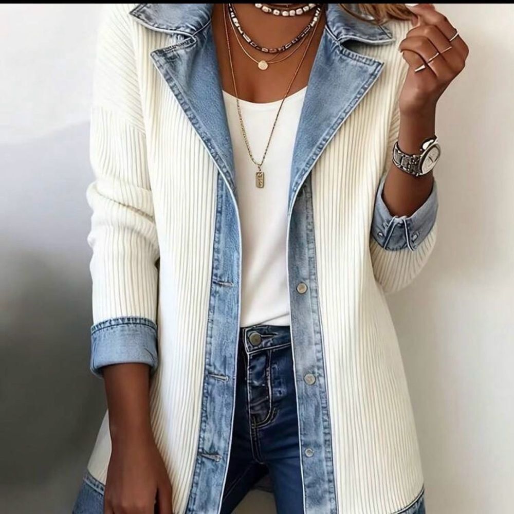 SHEIN Ivory Ribbed Cardigan with Light Blue Denim Trim